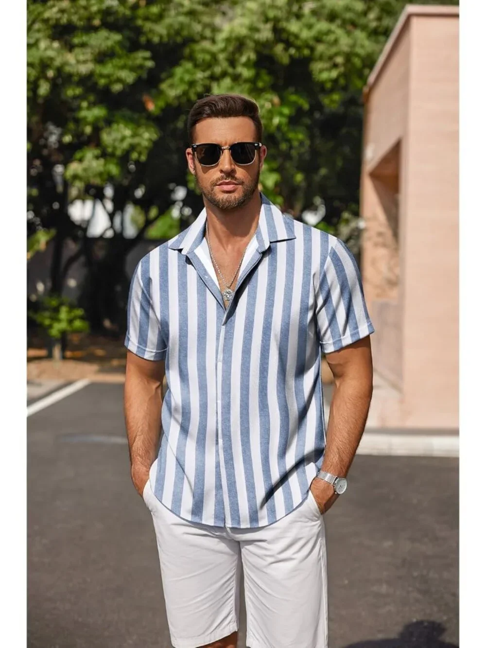 Men's Blue-white Stripes Classic Beach Linen Short Sleeve Casual Imported Shirt